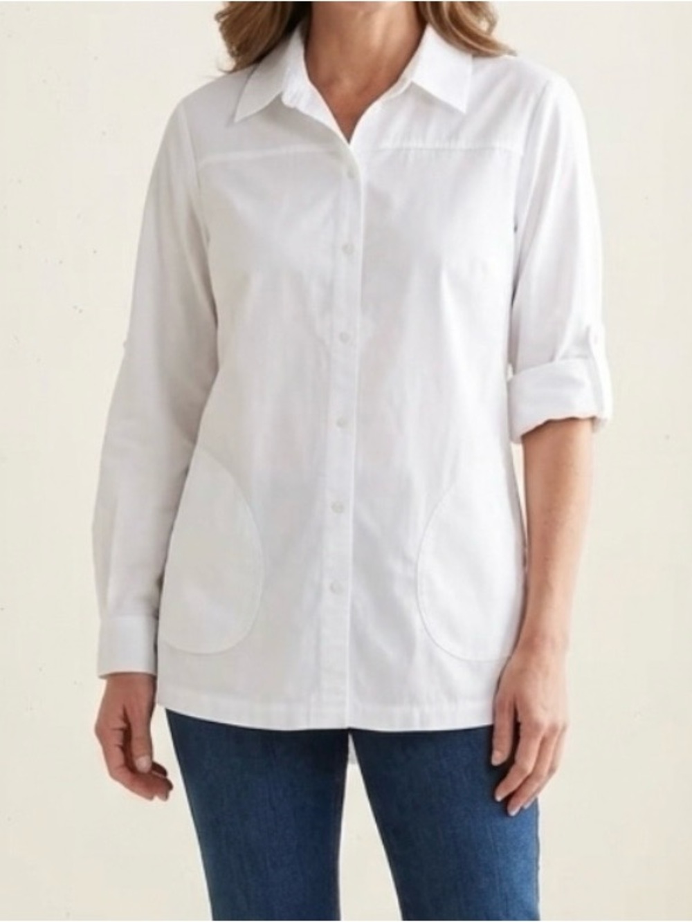 Joan Rivers White Button Up Blouse Womens Size M Roll Tab Long Sleeve Pockets